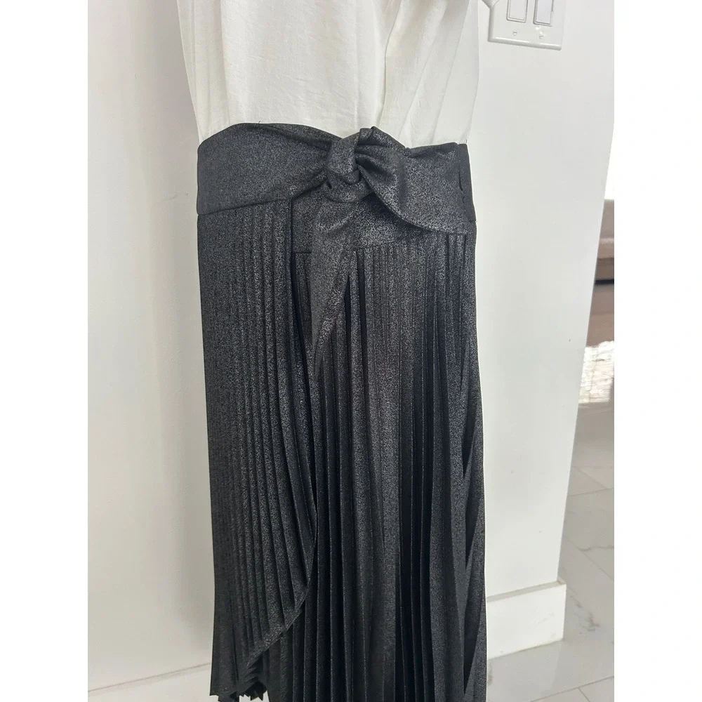 White House Black Market Metallic Pleated Wrap Midi Skirt Grey Shimmer Size 8